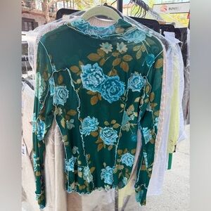 Free People Teal Green Floral Mesh Long Sleeve Top